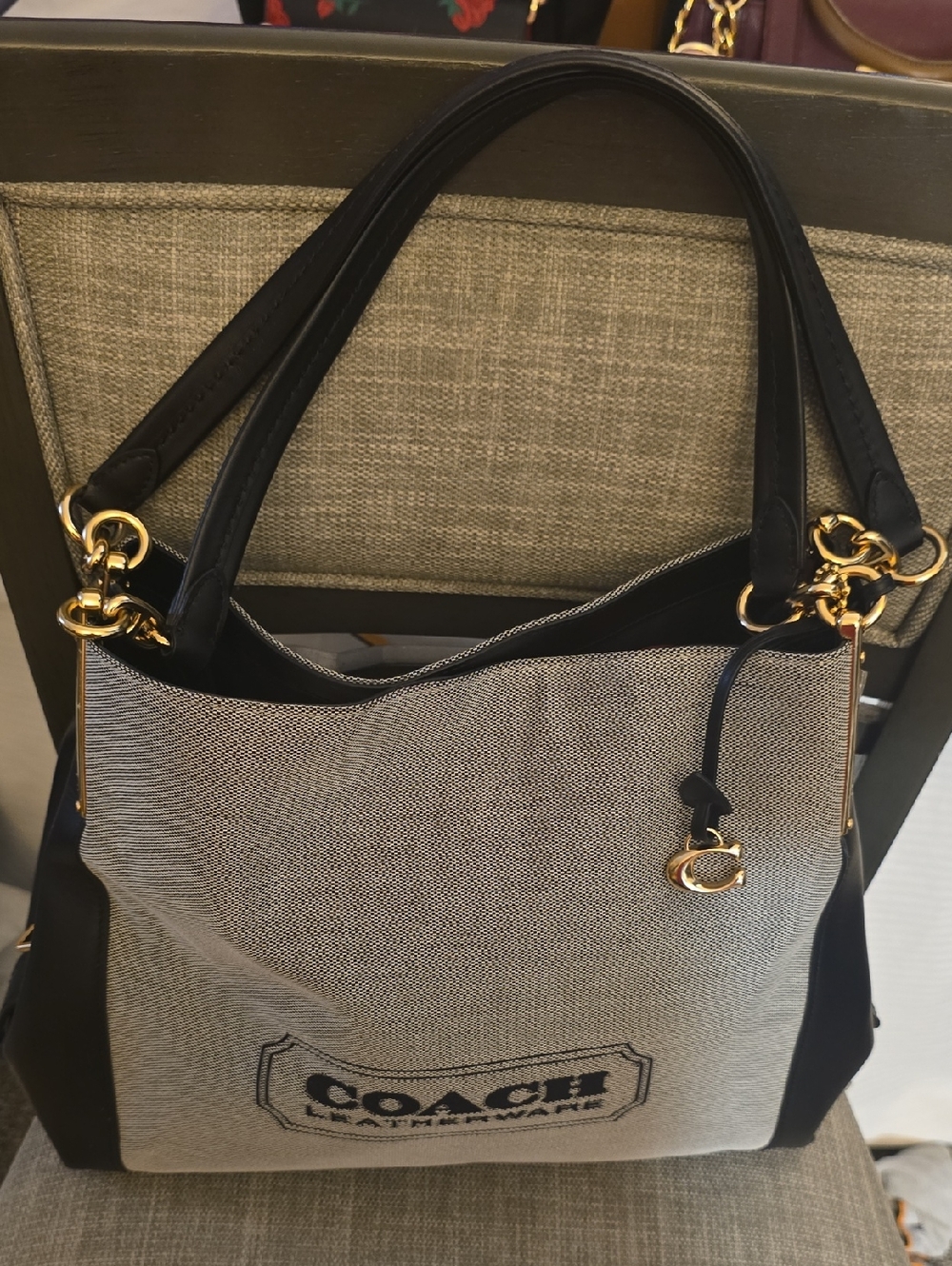 Coach Black and Cream Canvas Shoulder Tote with Gold Hardware